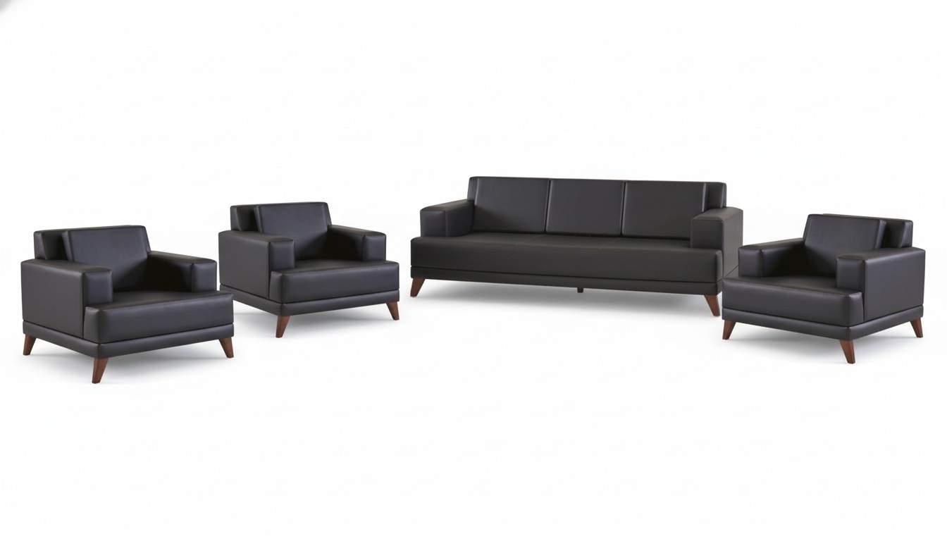 Leather Sofa Complete Set 3-Seater Armchair Black Upholstery Cushions Modern