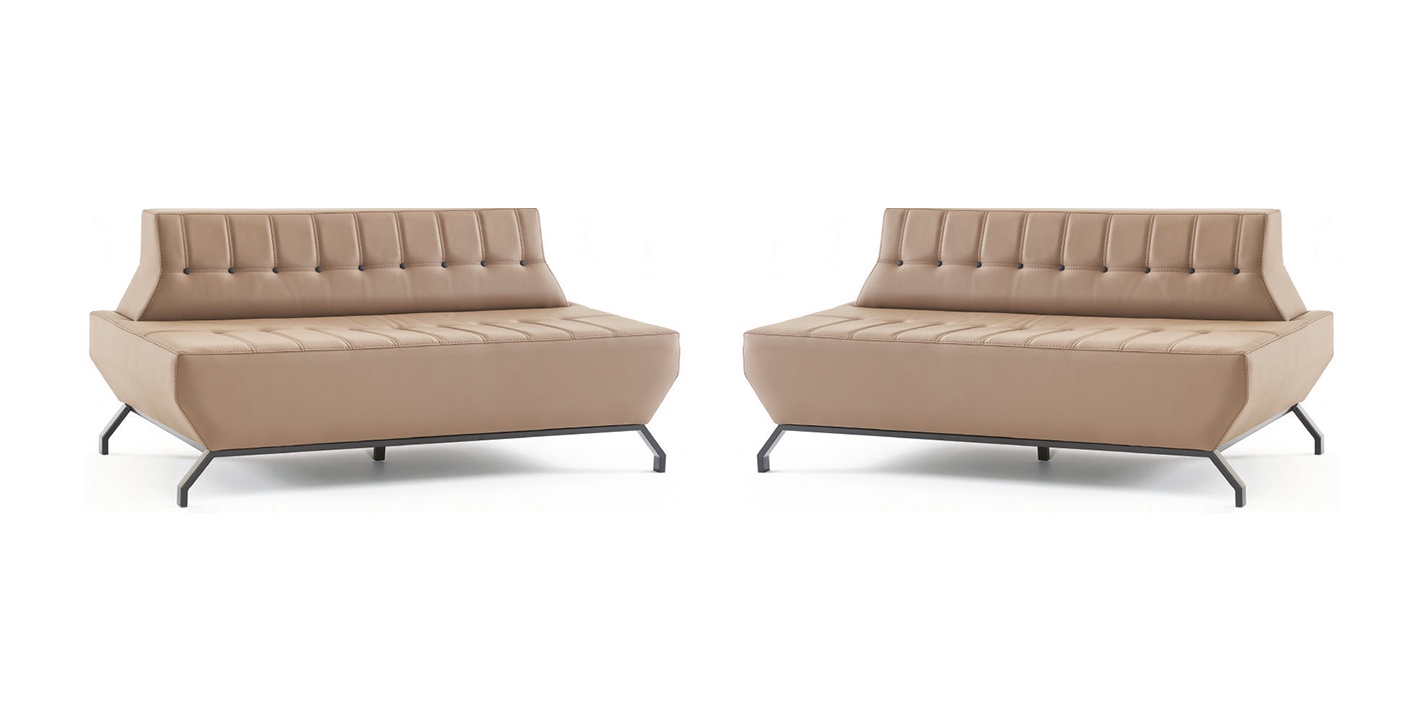 Leather sofa set 2-seater beige leather Art Deco style Chesterfield stainless steel