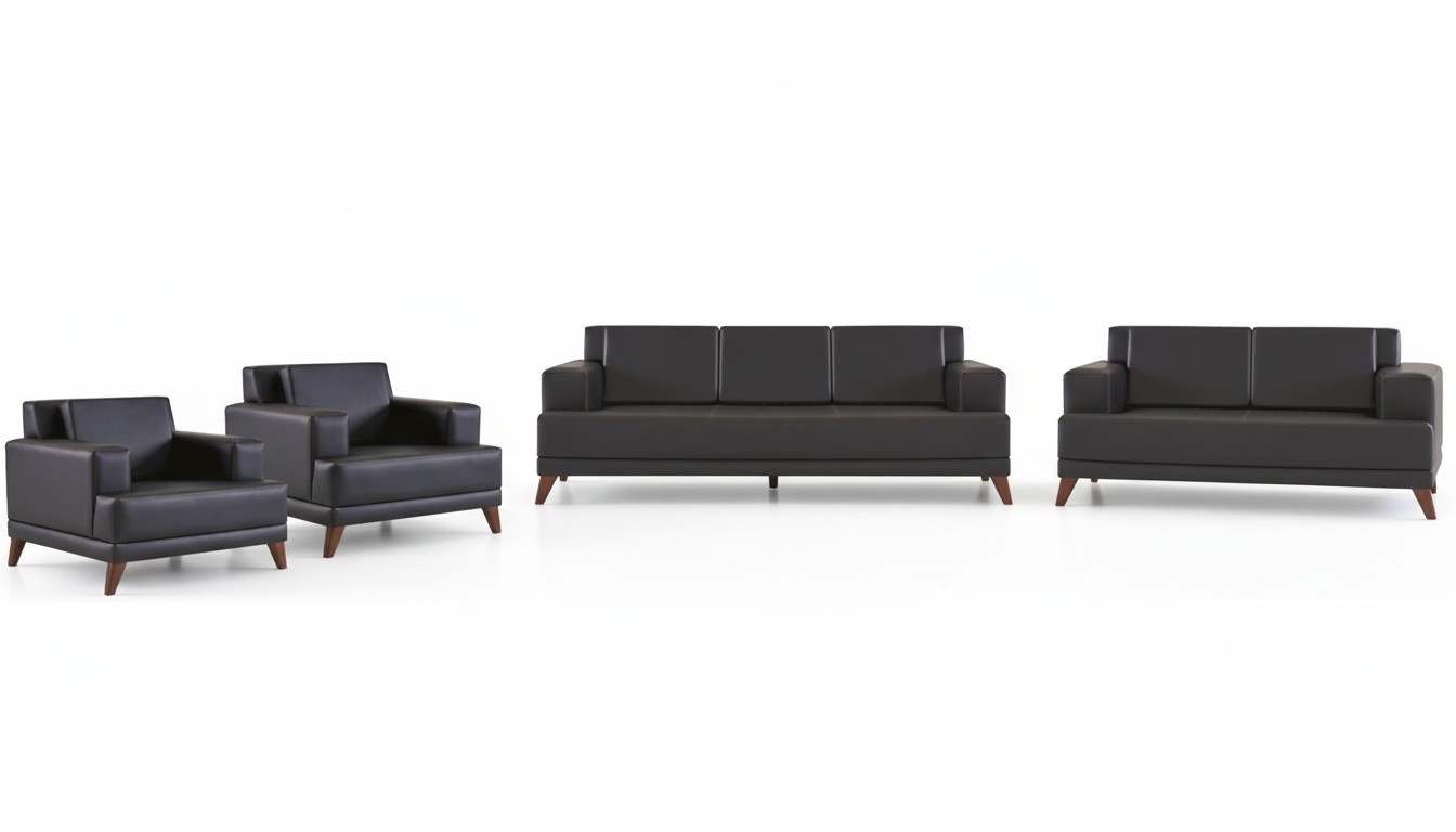 Leather sofa set 3-seater 2-seater 2x armchairs black cushions wood