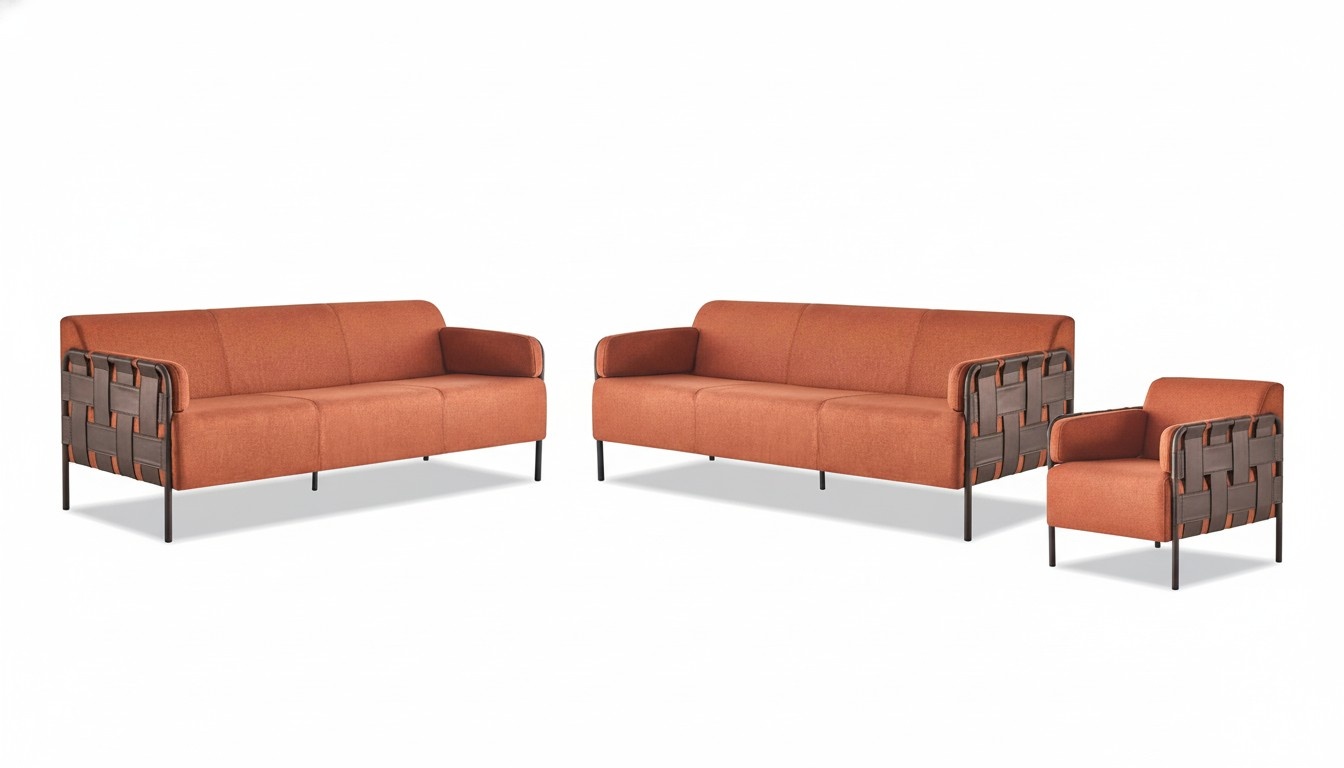 Leather sofa set modern complete sofas 3-seater armchair orange stainless steel