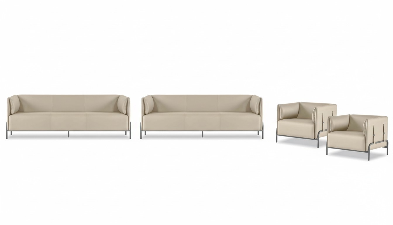 Light beige home office furniture designer 2x 3-seater leather armchairs 4-piece set