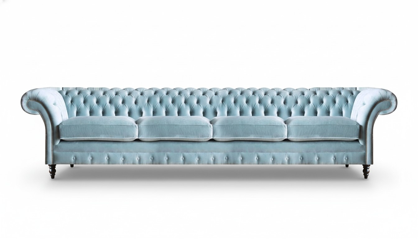 Light blue Chesterfield four-seater designer upholstered couch seating furniture