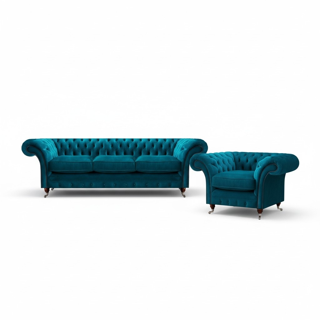 Light blue Chesterfield upholstery set designer 3-seater sofa armchair
