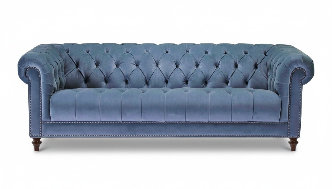 Light Blue Three Seater Fabric Chesterfield Design Couches Upholstery Sofas Original New