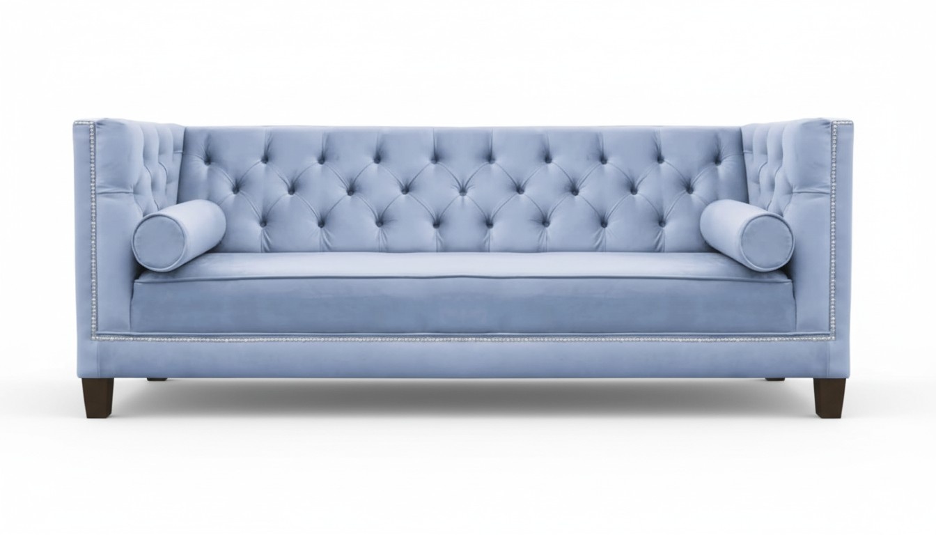 Light blue three-seater fabric living room design couches sofas Chesterfield new