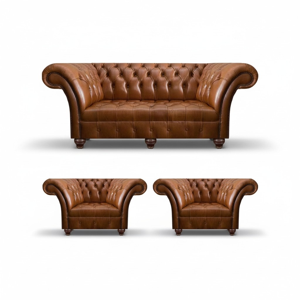 Light brown Chesterfield leather sofa designer 2x leather armchairs armchairs
