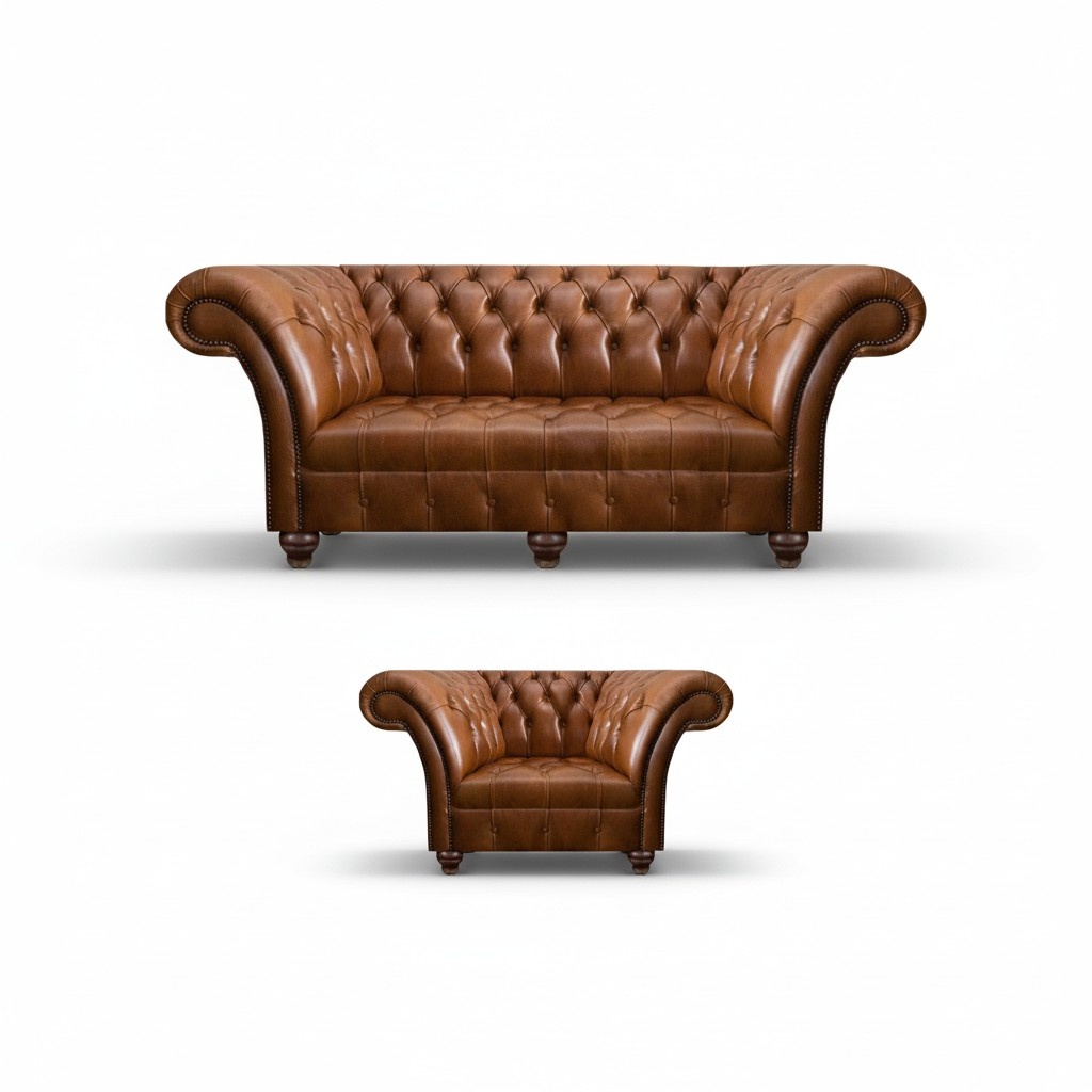 Light brown Chesterfield leather seating set, sofa with designer armchair, 2-piece set