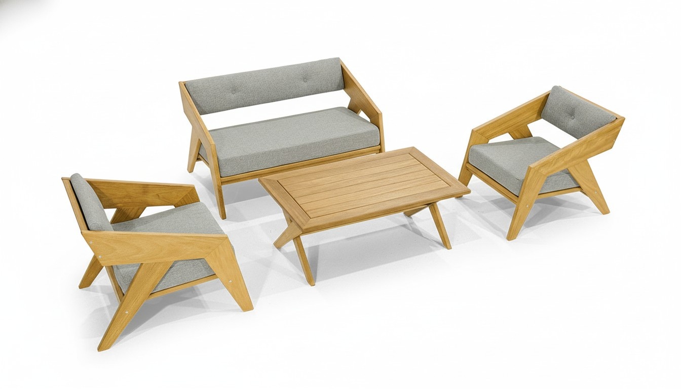 Light brown garden furniture set designer bench 2x wooden armchairs table