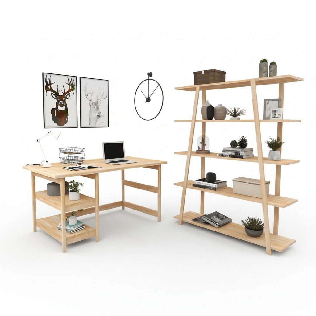 Light brown study set designer office table wooden bookcase