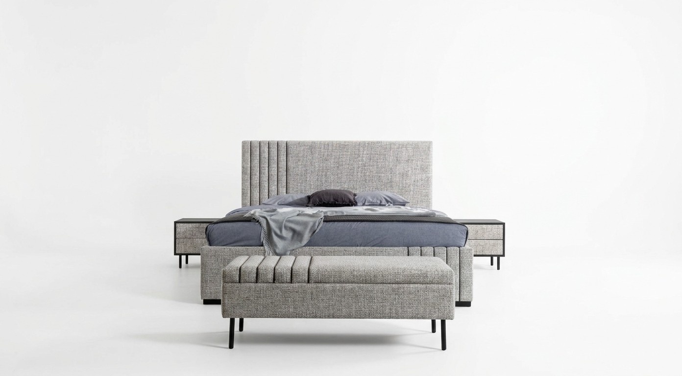 Light gray bedroom furniture designer bed 2x bedside tables bench