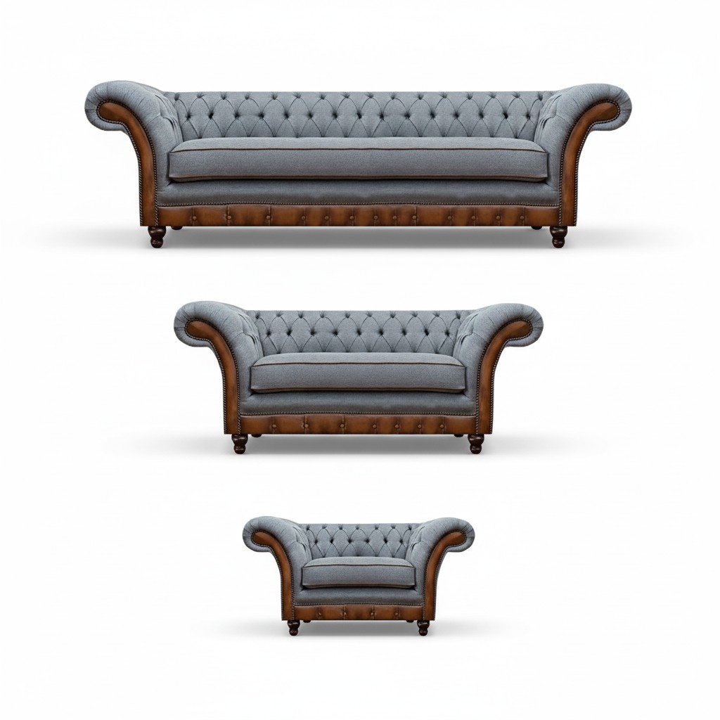 Light grey-brown Chesterfield seating furniture living room sofa set 3-piece