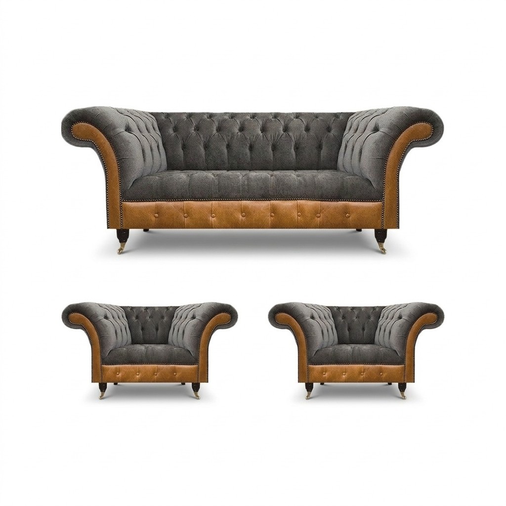 Light grey Chesterfield armchair designer 3-seater sofa upholstered furniture