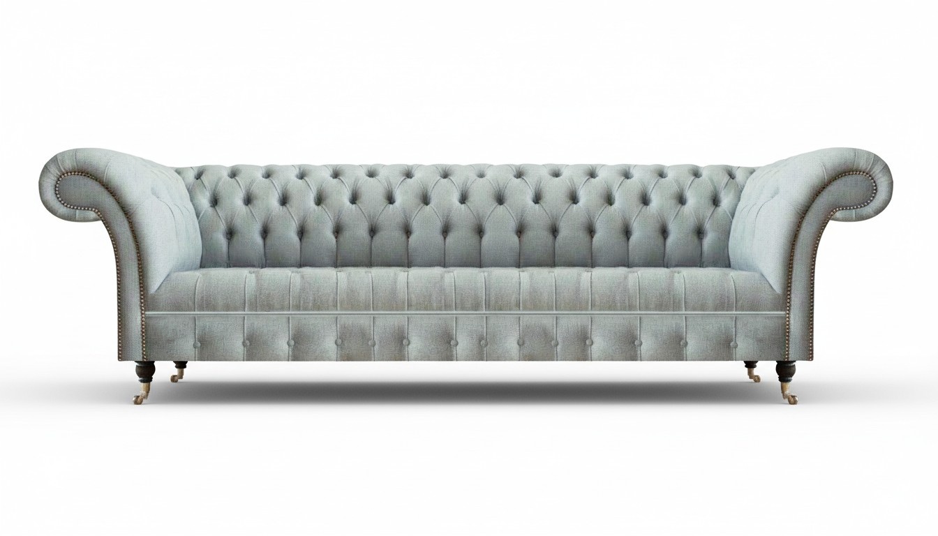 Light gray Chesterfield four-seater modern elegant living room seating furniture.