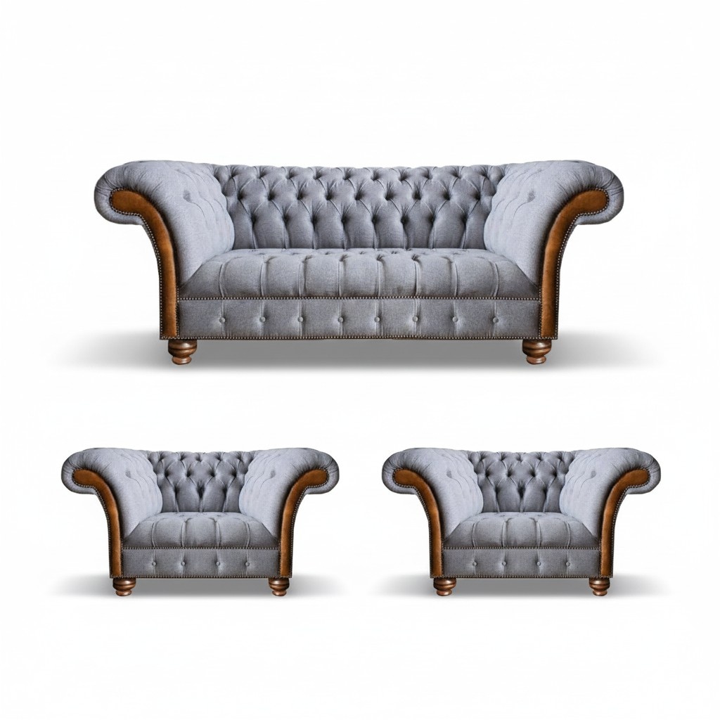 Light gray Chesterfield luxury suite living room 3-seater sofa armchair