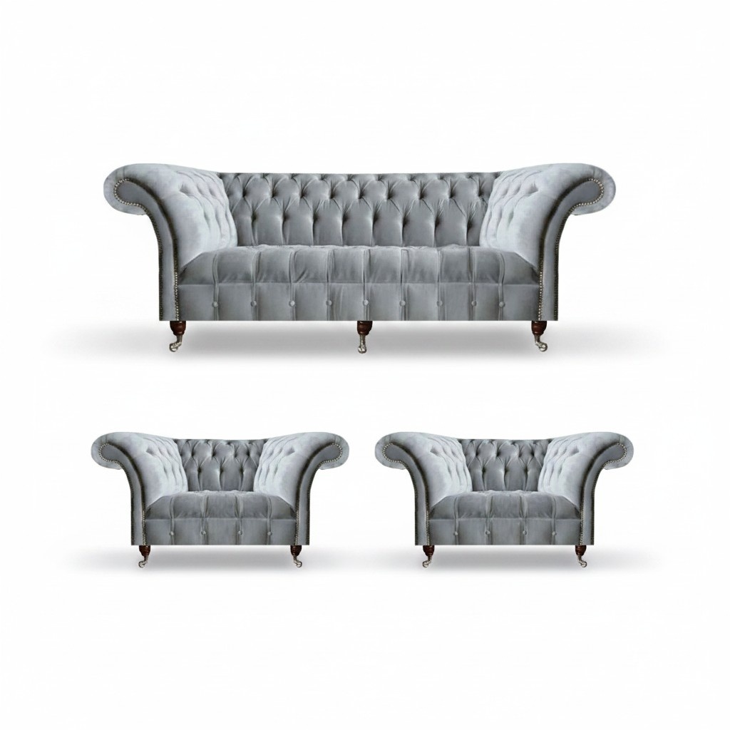 Light gray Chesterfield seating set three-seater, single seat, 2x armchairs, 3-piece.