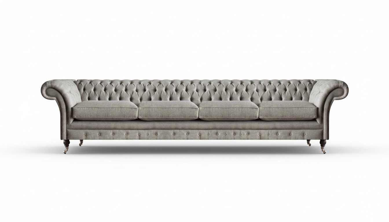 Light grey Chesterfield upholstered sofa designer 4-seater textile seating furniture