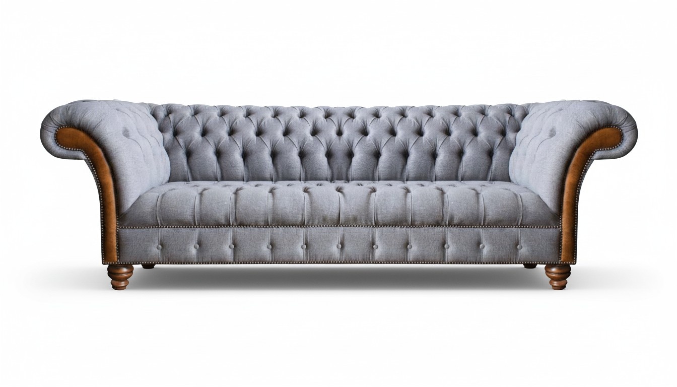 Light gray Chesterfield upholstered sofa living room designer couch 4-seater