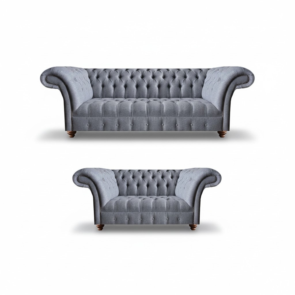 Light grey Chesterfield upholstered sofas designer 3-seater two-seater 2-piece set