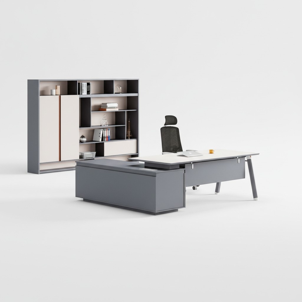 Light gray corner table designer home office furniture boss wooden desk.