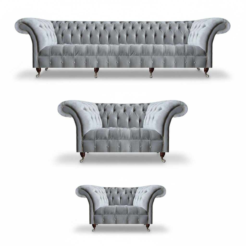 Light gray living room Chesterfield sofas armchair 2-seater four-seater 3 pieces