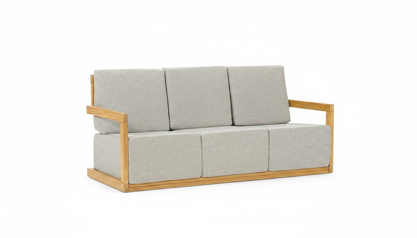 Light gray upholstered sofa luxurious terrace furniture beige wooden frame