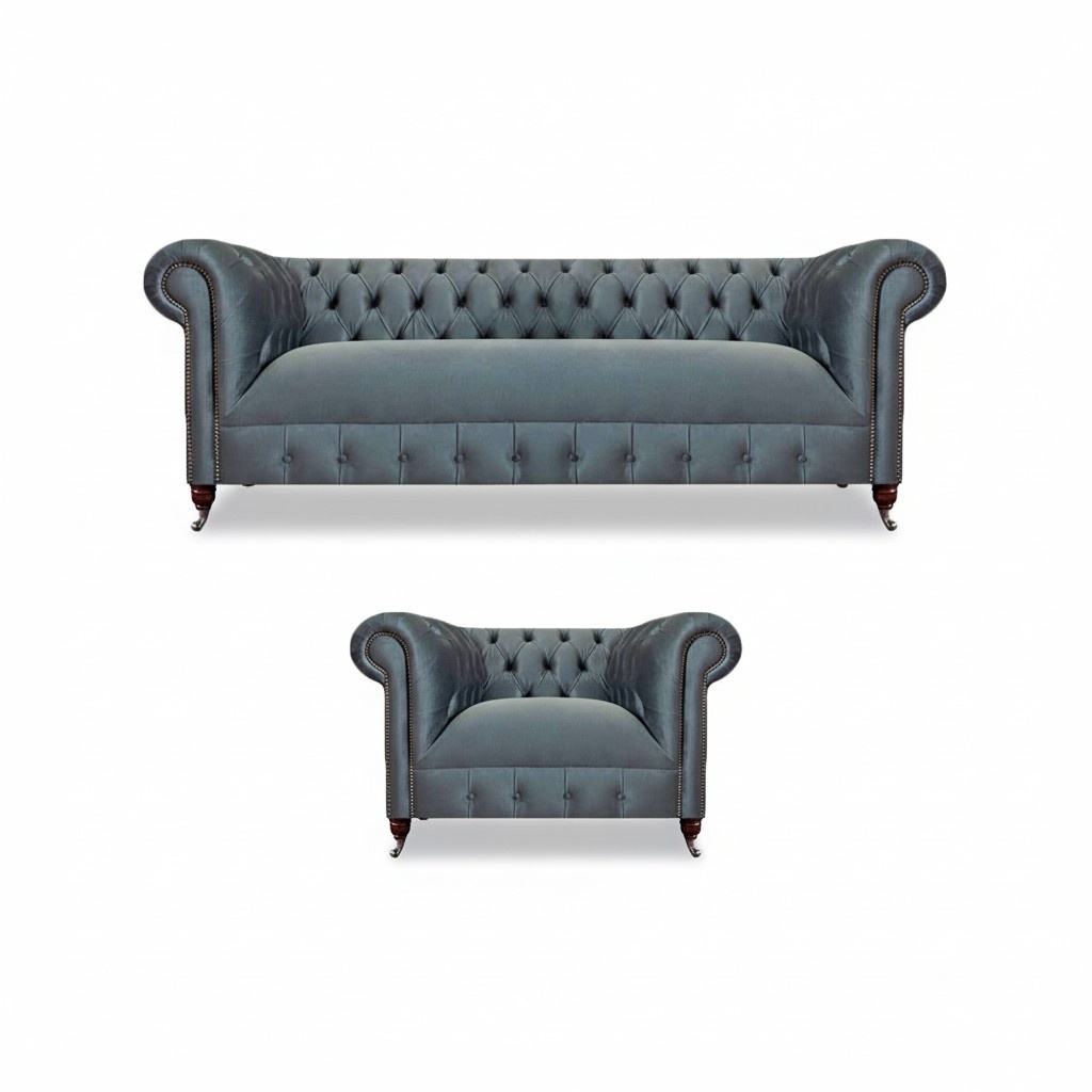 Light gray upholstered Chesterfield living room three-seater armchair.