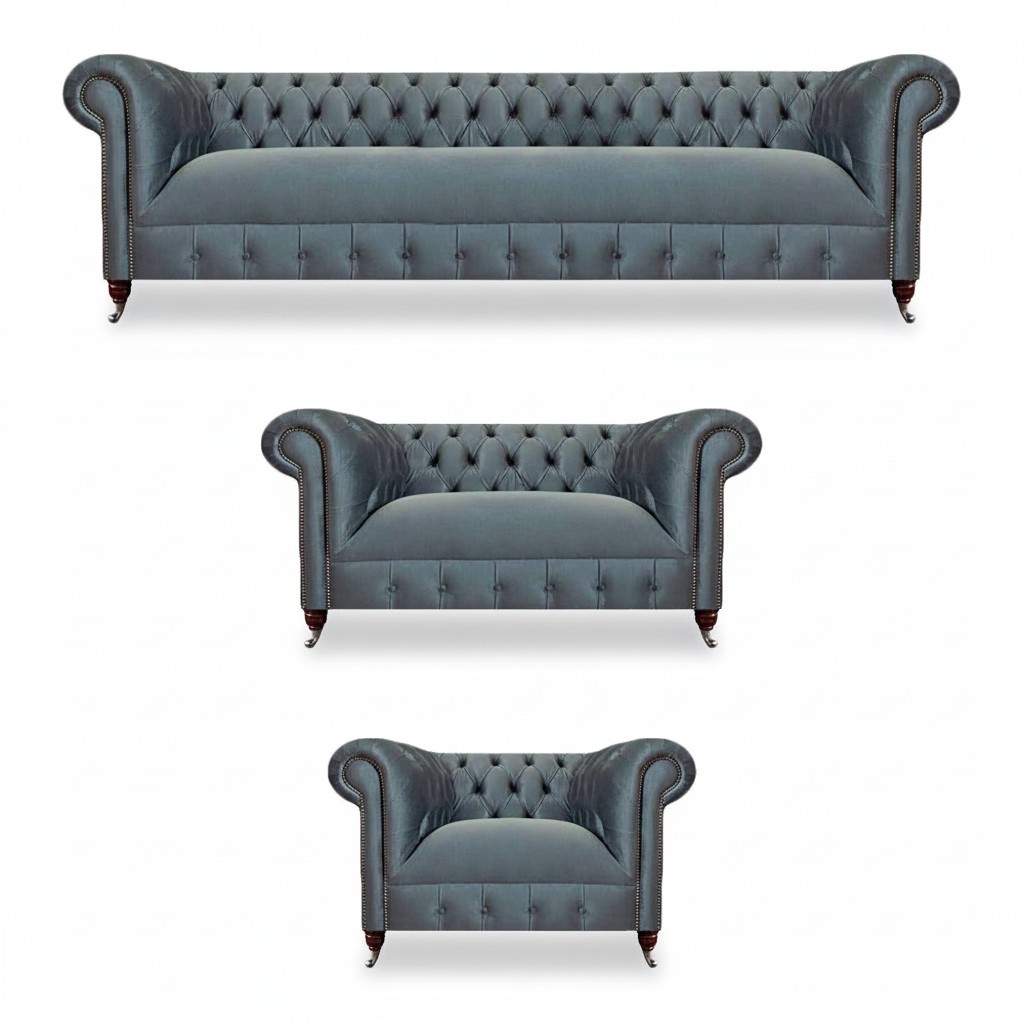 Light gray Chesterfield sofa set upholstery living room furniture 3-piece