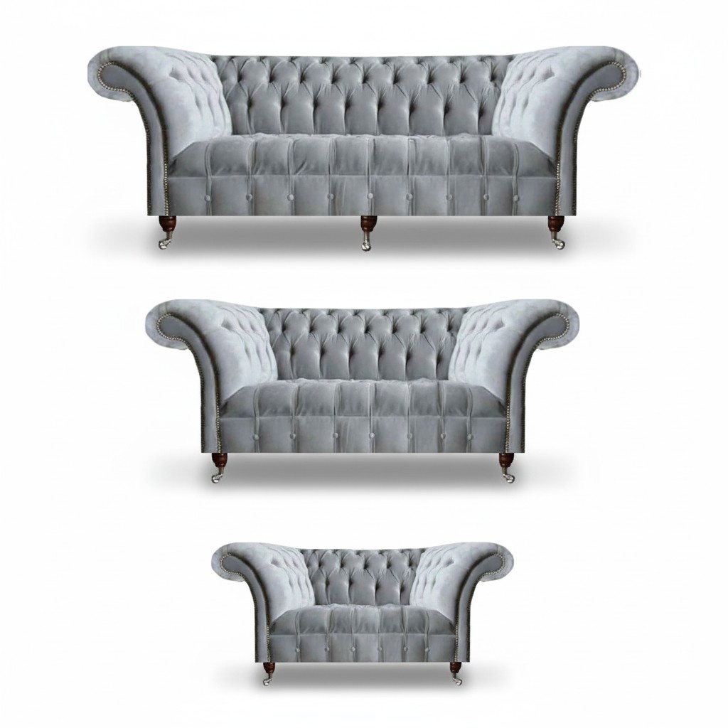 Light gray Chesterfield fabric sofas designer three-seater chair seating furniture.