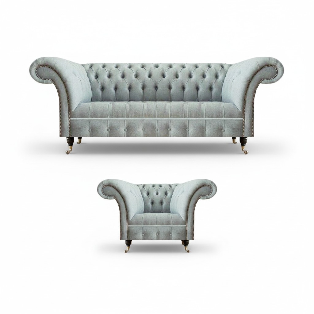 Light gray living room Chesterfield suite complete seating furniture sofas