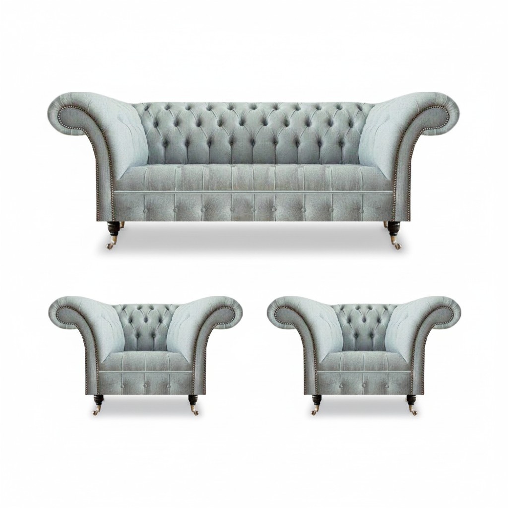 Light gray living room Chesterfield set designer seating furniture armchair
