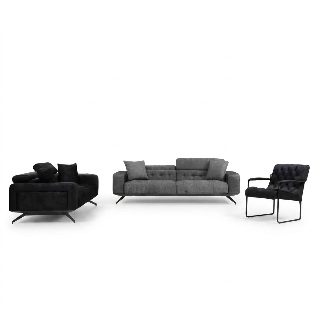 Living room Black-gray sofa set Modern 3-seater armchair Two-seater