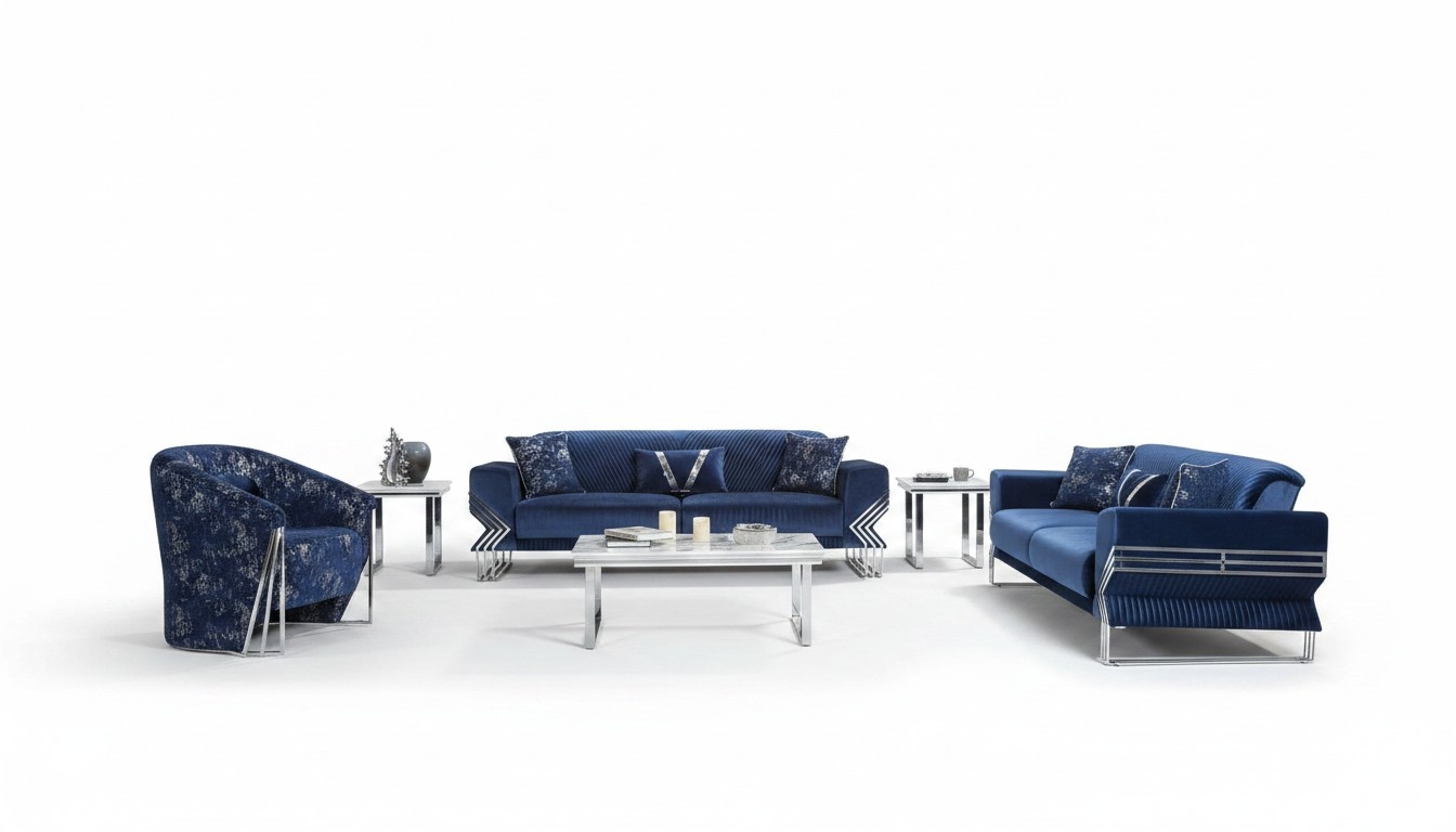 Living room blue couch set designer three-seater armchair coffee table