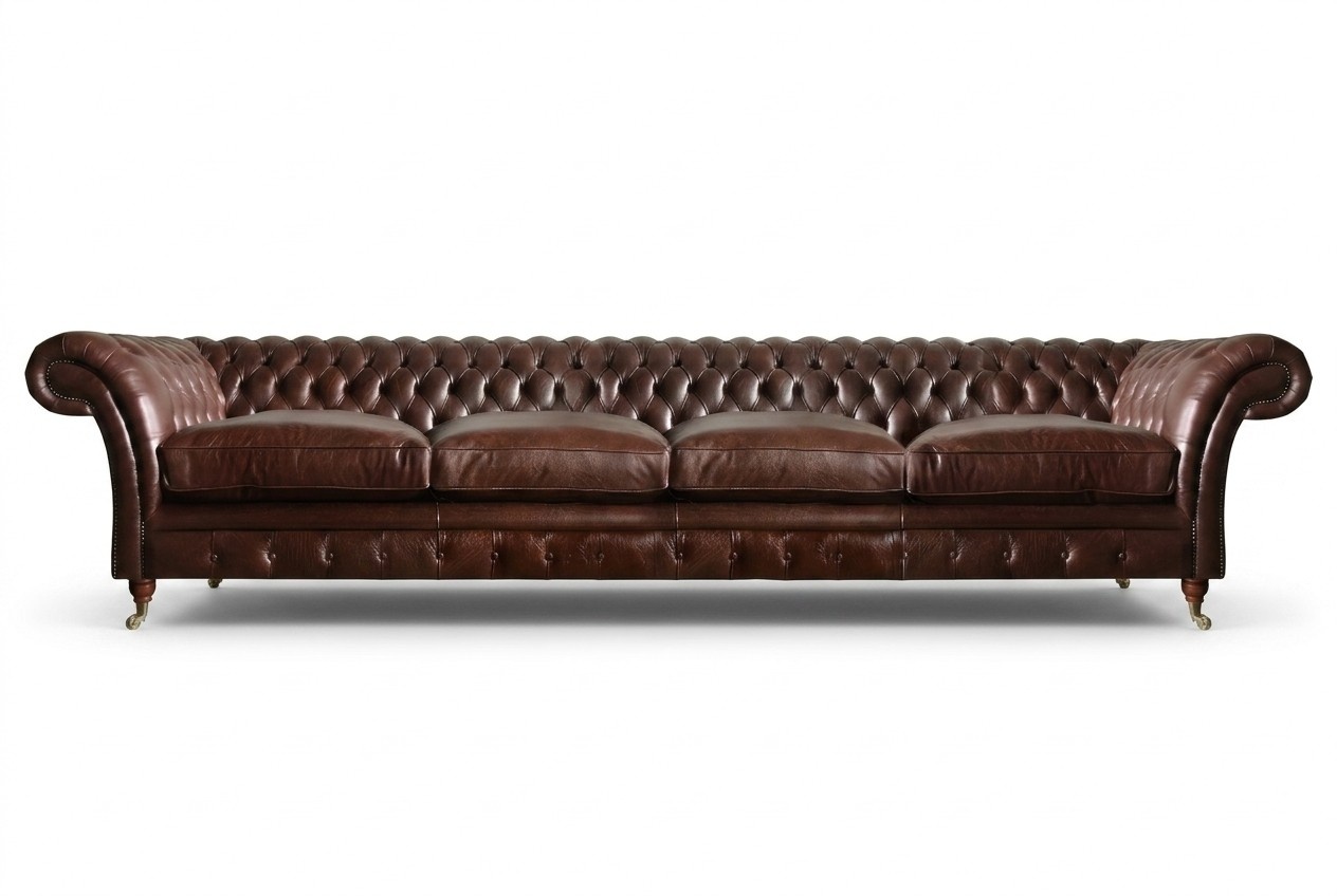 Living Room Design Furniture Brown Big Sofa Four-Seater Chesterfield Couch