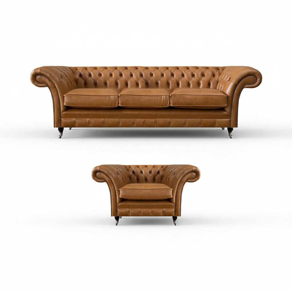 Living room design leather furniture armchair with three-seater sofa Chesterfield