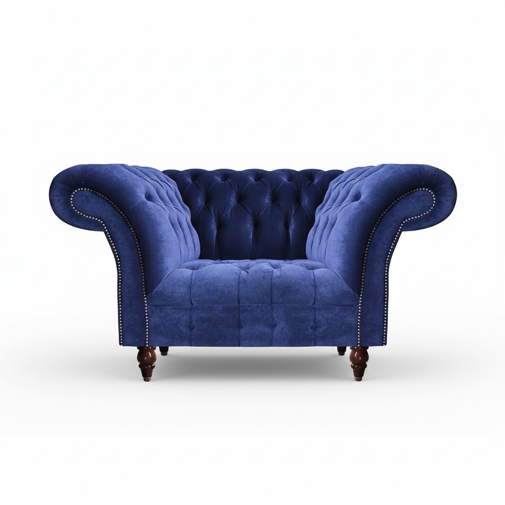 Living room furniture armchair blue upholstery fabric Chesterfield seat couch