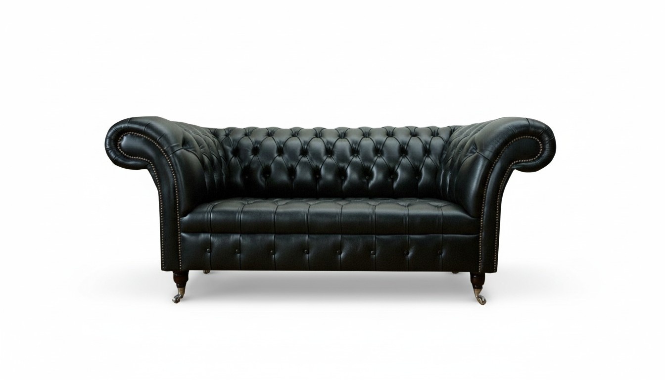 Living room furniture textile fabric two-seater sofa couch upholstery black Chesterfield