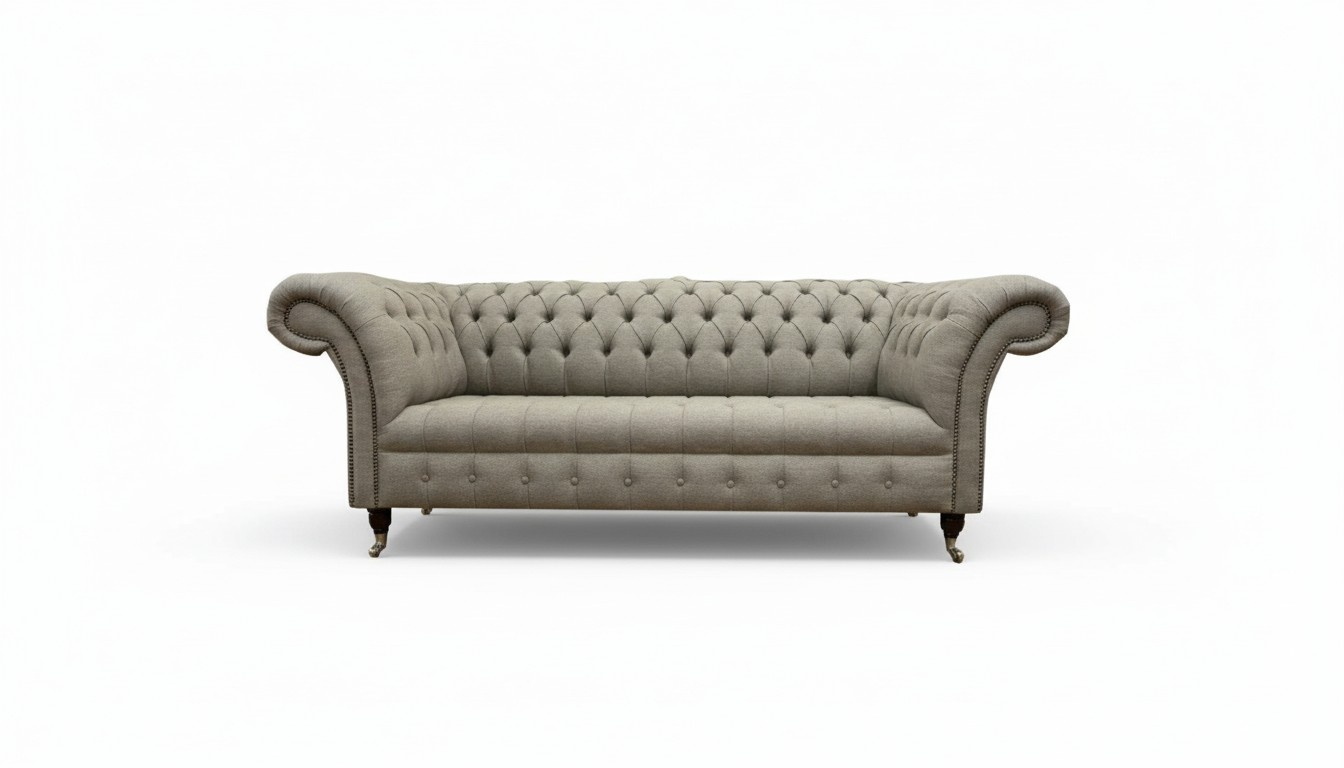 Living room furniture fabric textile three-seater sofa couch upholstery taupe Chesterfield