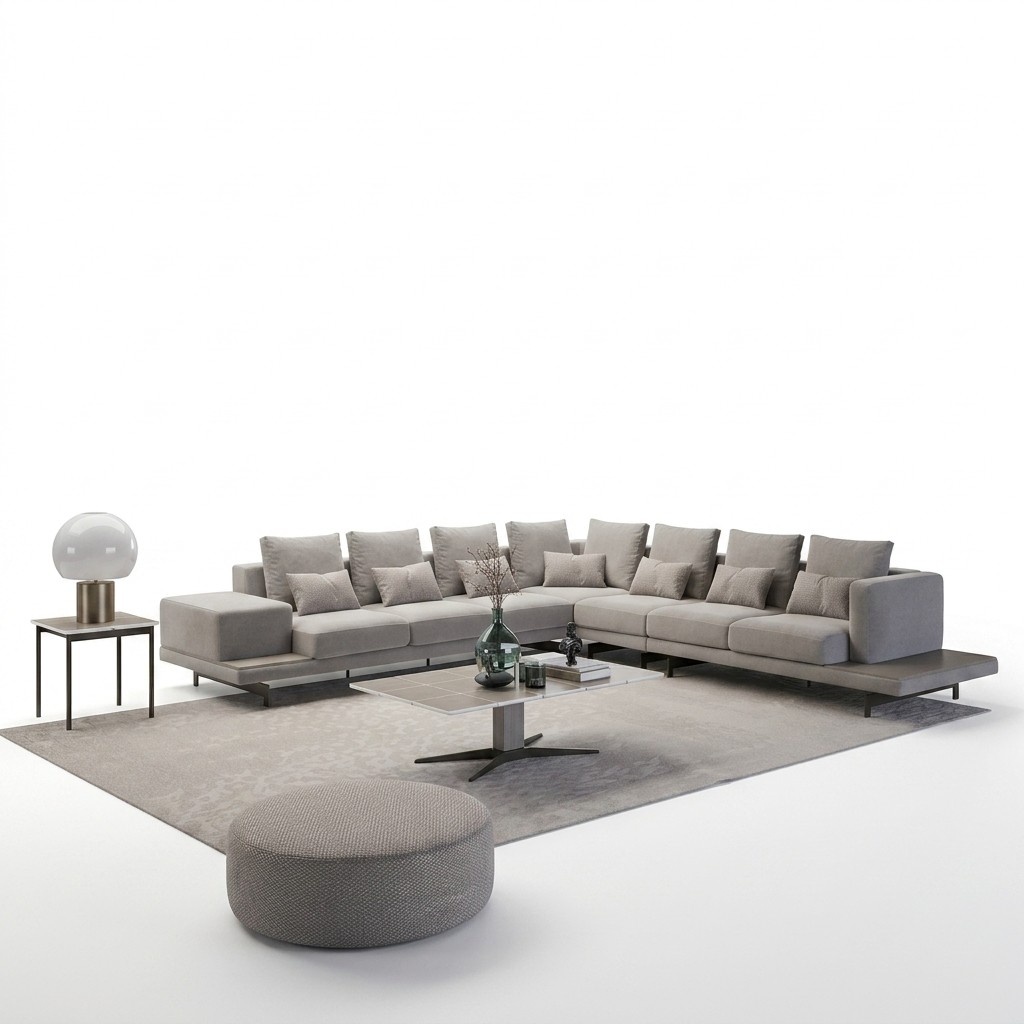 Living room gray furniture corner sofa L-shape coffee table side table