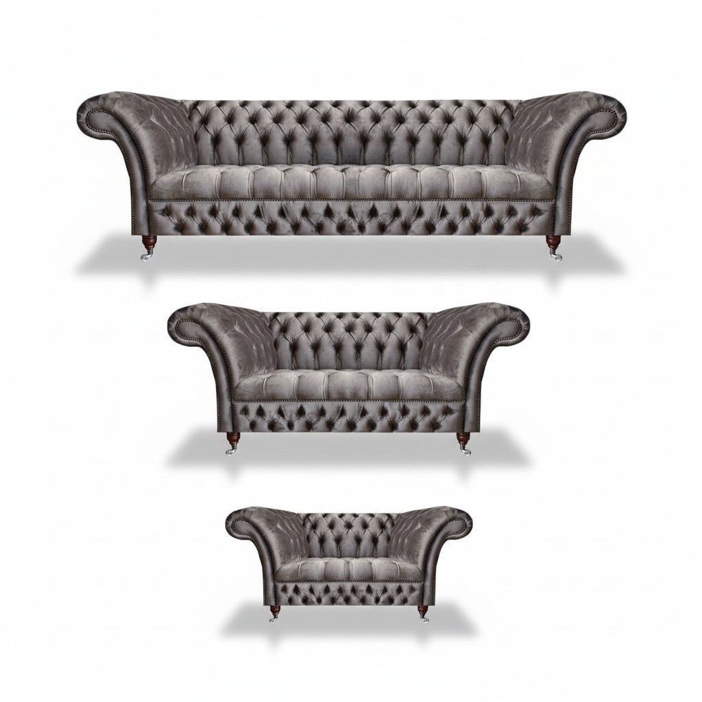 Living Room Gray Upholstered Furniture Textile Luxurious 3-Piece Chesterfield Sofa Set