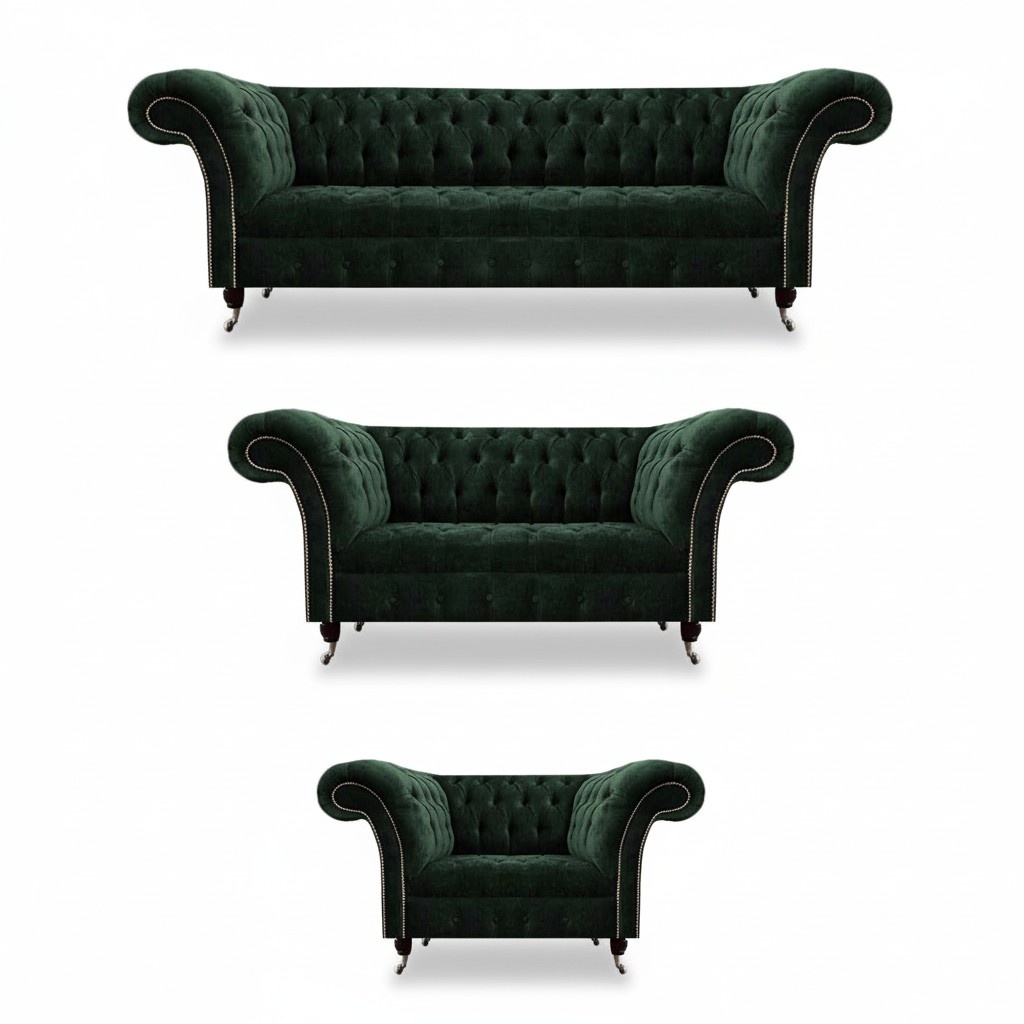 Living Room Green Luxurious Textile Sofas Complete 3-piece Chesterfield Upholstered Furniture