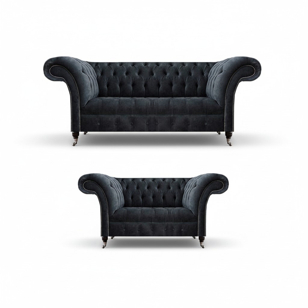 Living Room Luxurious Upholstered Furniture 2x Sofas Couch Design Gray Chesterfield
