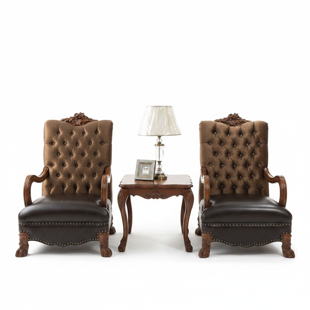 Baroque style made of real wooden living room set of 2-armchairs chesterfield design & side square coffee table