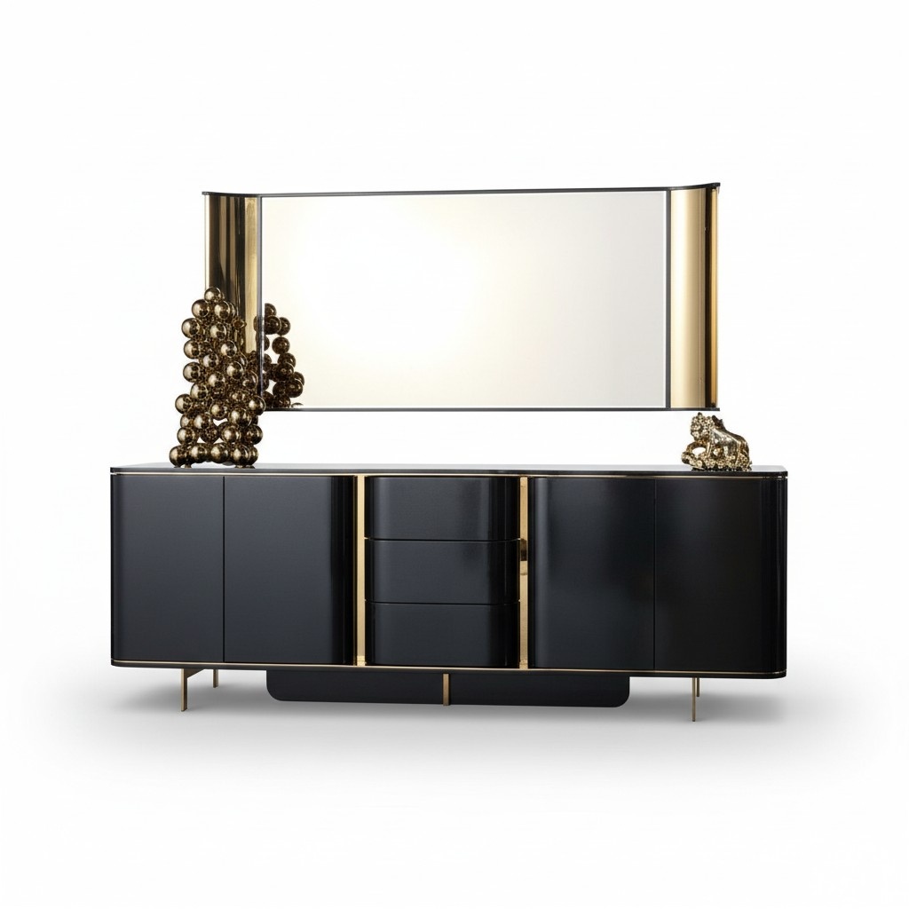 Living room sideboard mirror black console wood metal style modern