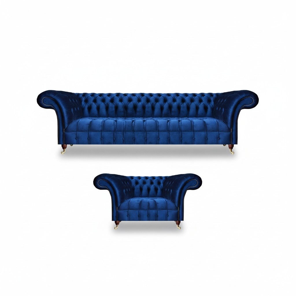 Living room sofa set textile armchair blue sofa three-seater couch Chesterfield