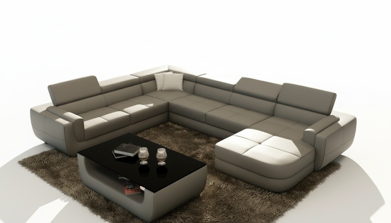 Living landscape designer sofa with USB, big padded leather corner couch.