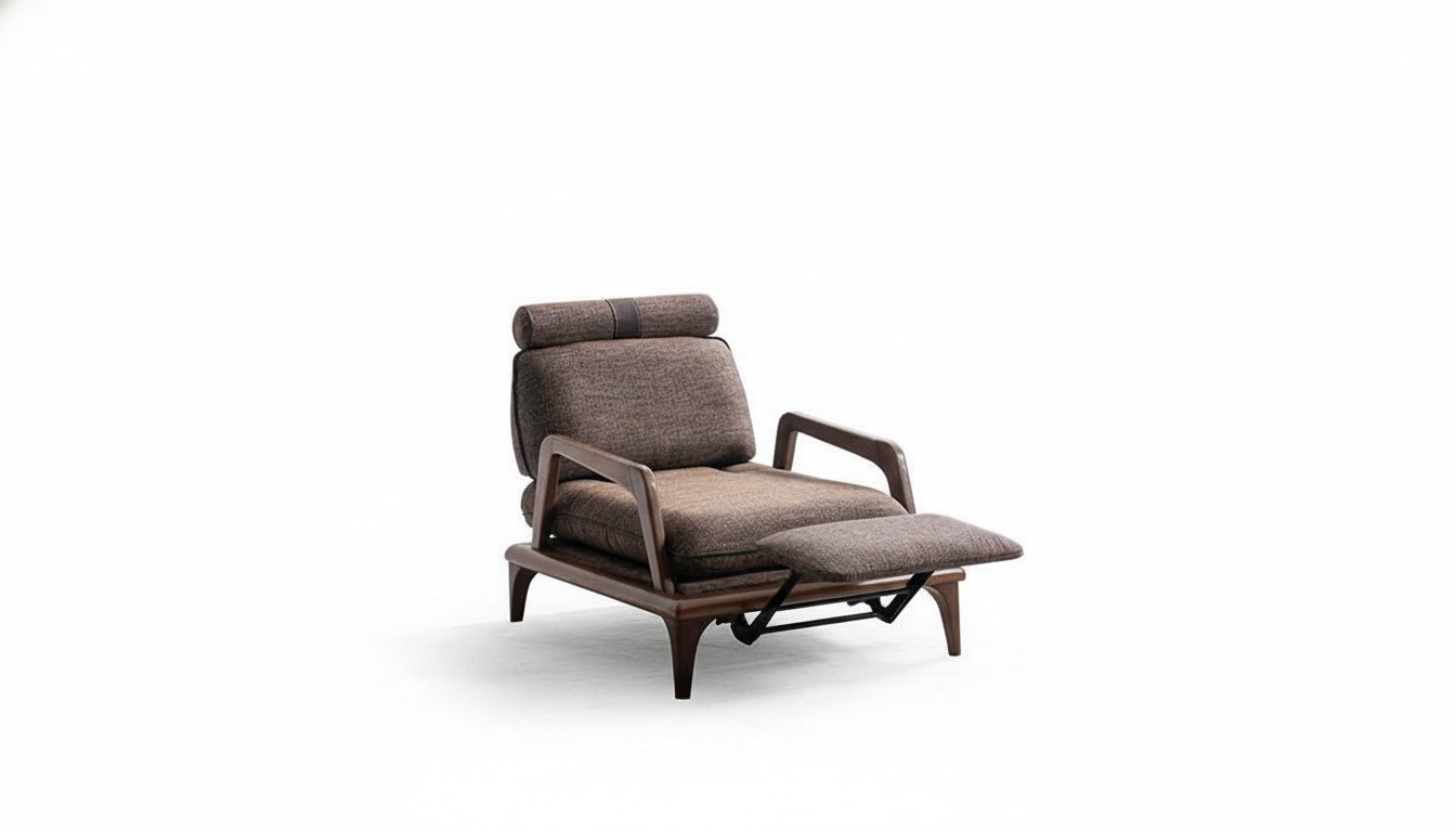 Living room armchair with footrest function designed in brown textile.