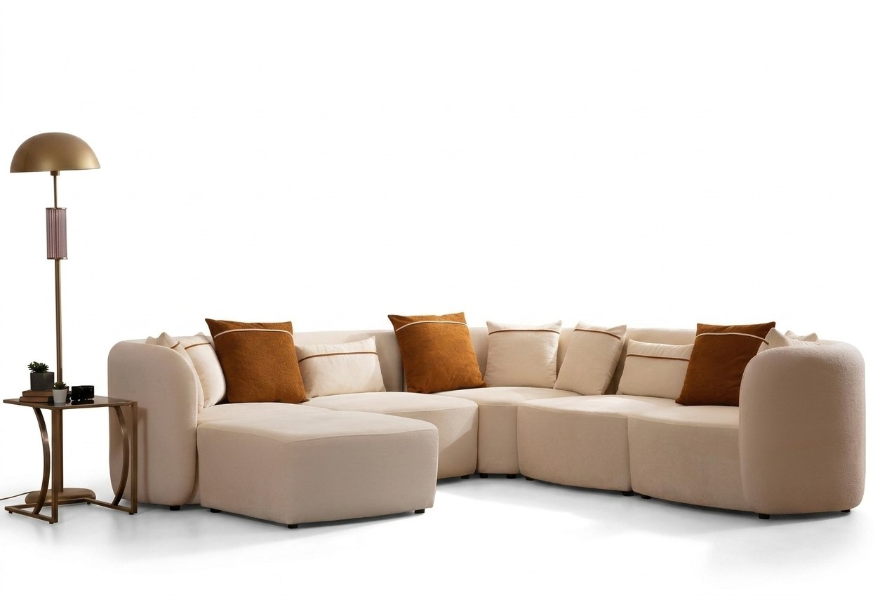 Living room beige modern sofa L-shaped seat corner sofa couch upholstered