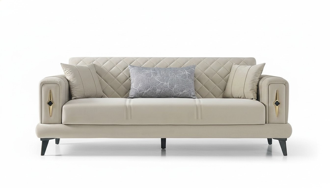 Living Room Beige Three-Seater Sofa Couch Textile Upholstered Furniture Sofas 3 Seater