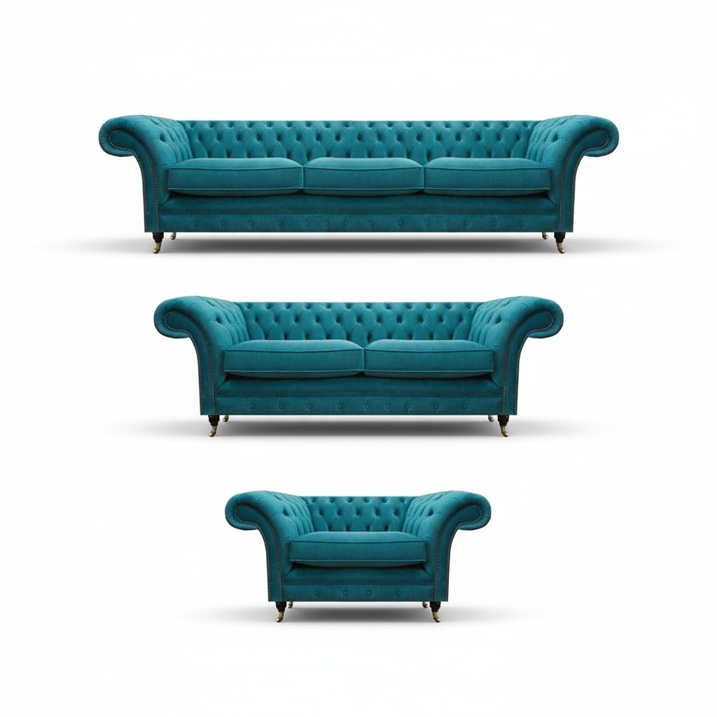 Living Room Blue Sofa Set 3-Piece Chesterfield Luxurious Modern Furniture