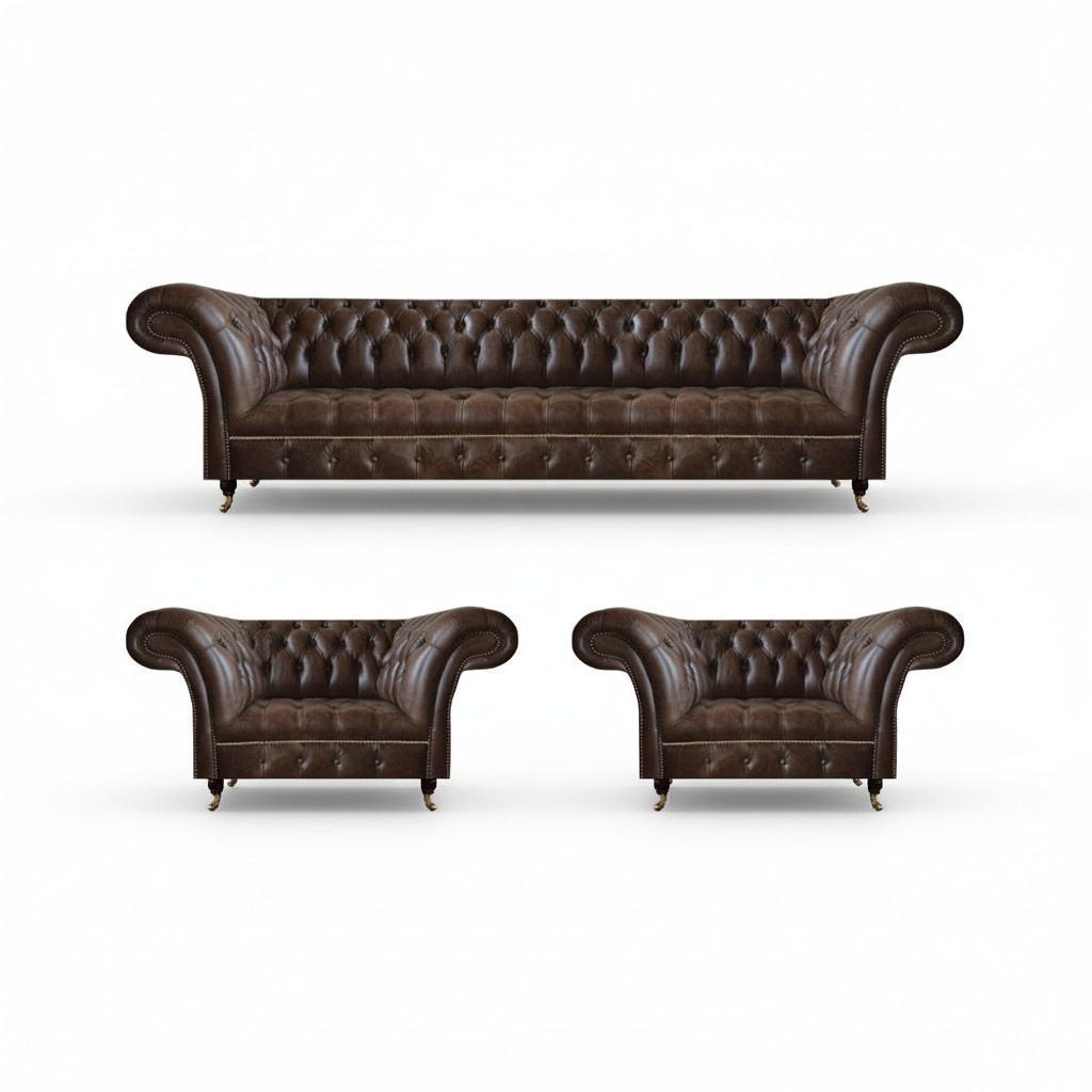 Living room brown Chesterfield leather furniture designer seating 3-piece set